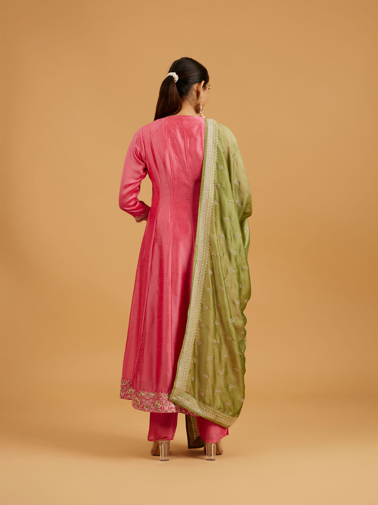 Mohey Women Flamingo Pink Anarkali Suit with Linear Buta Embroidered