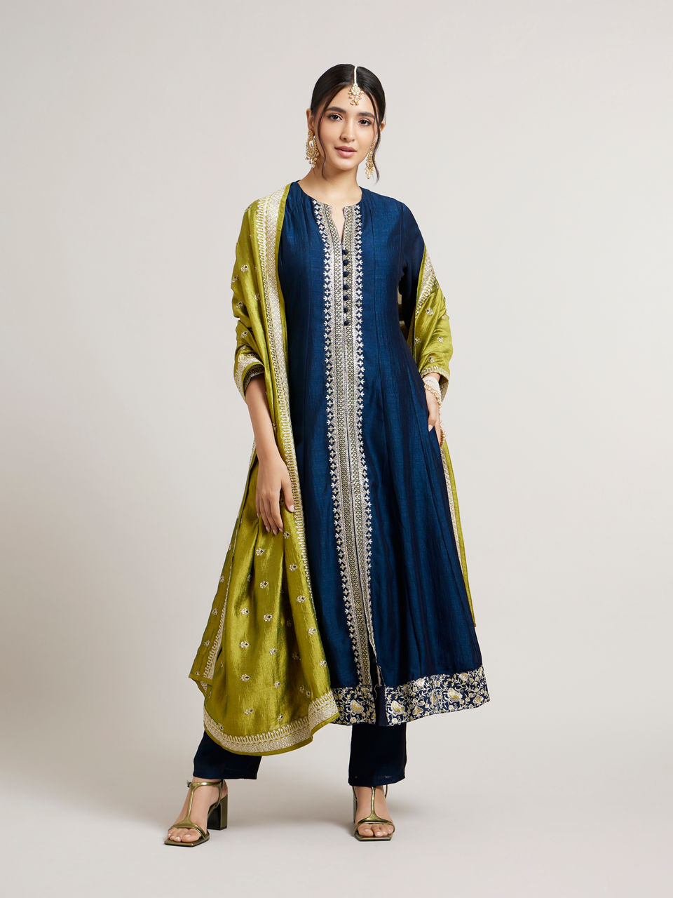 Mohey Women Teal Blue Anarkali Suit Set with Linear Buta Embroidered Kurta & Potli Button Trims