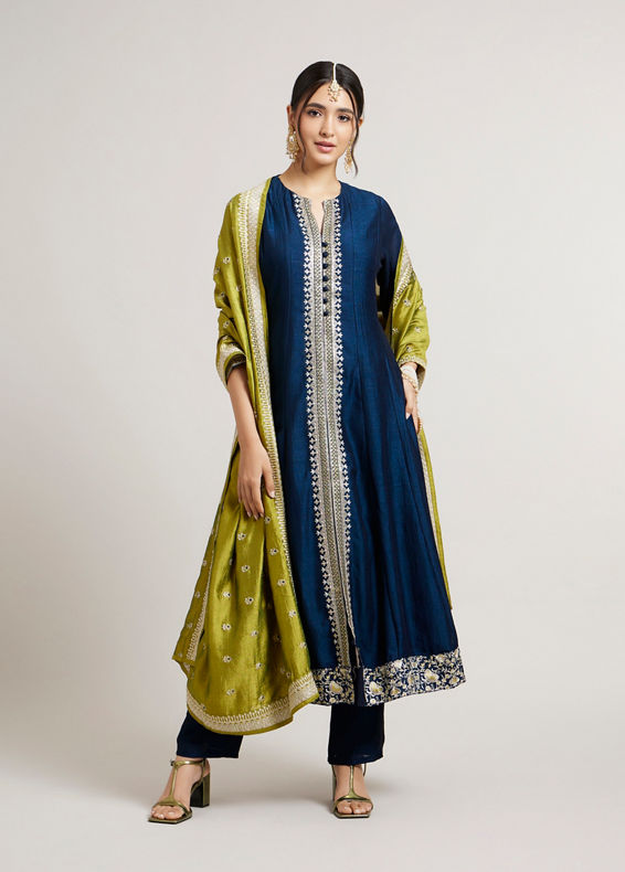 Mohey Women Teal Blue Anarkali Suit Set with Linear Buta Embroidered Kurta & Potli Button Trims