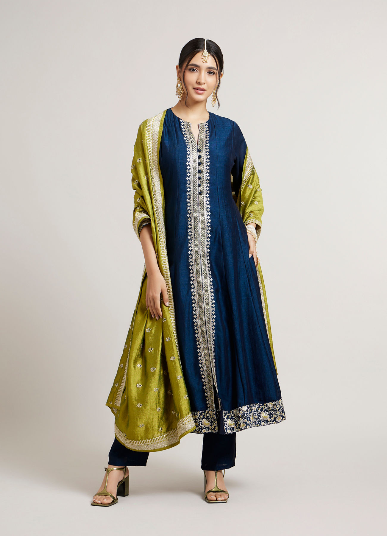 Mohey Women Teal Blue Stitched Suit Set with Linear Buta Embroidered Kurta & Potli Button Trims