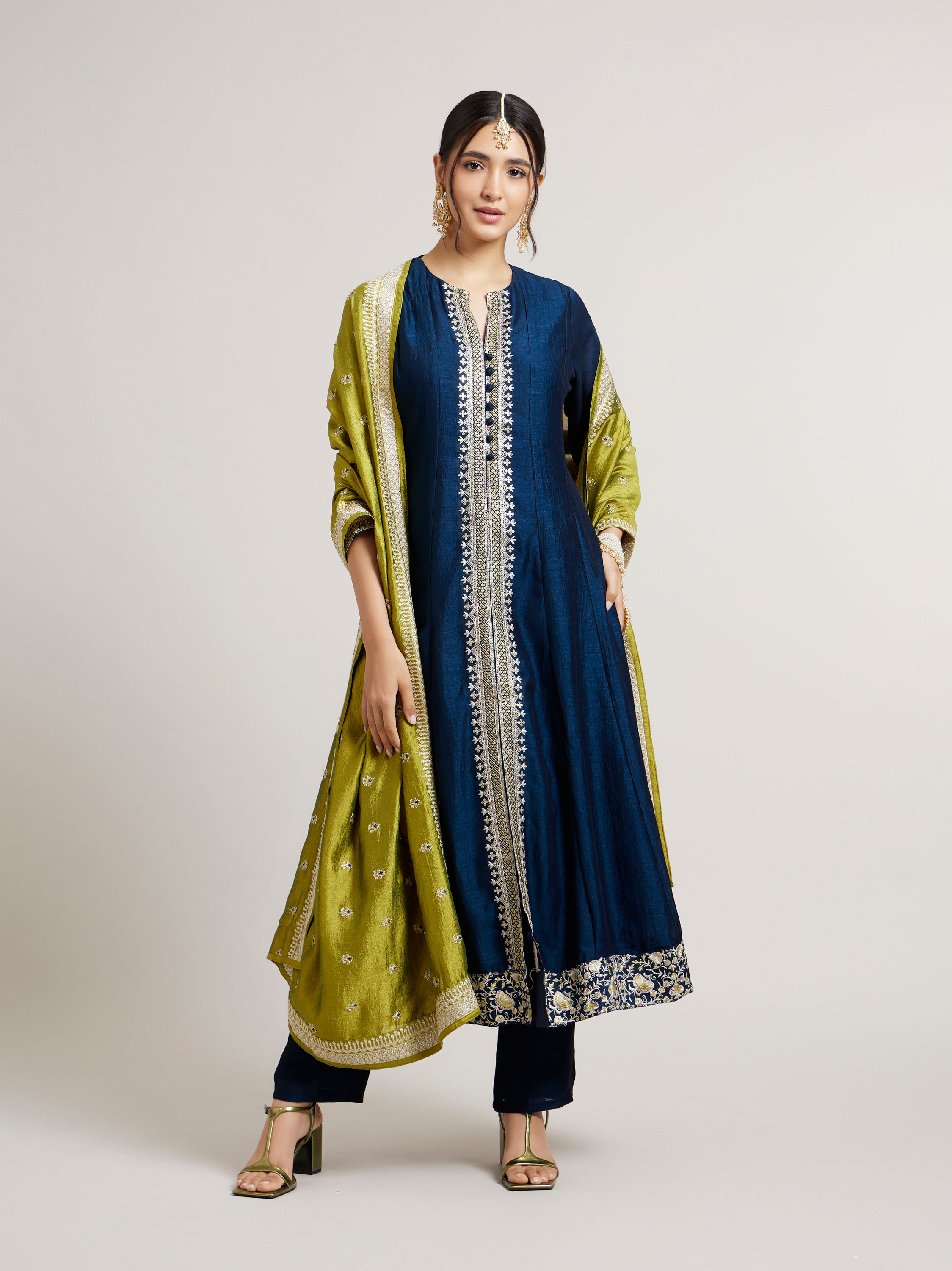 Mohey Women Teal Blue Stitched Suit Set with Linear Buta Embroidered Kurta & Potli Button Trims