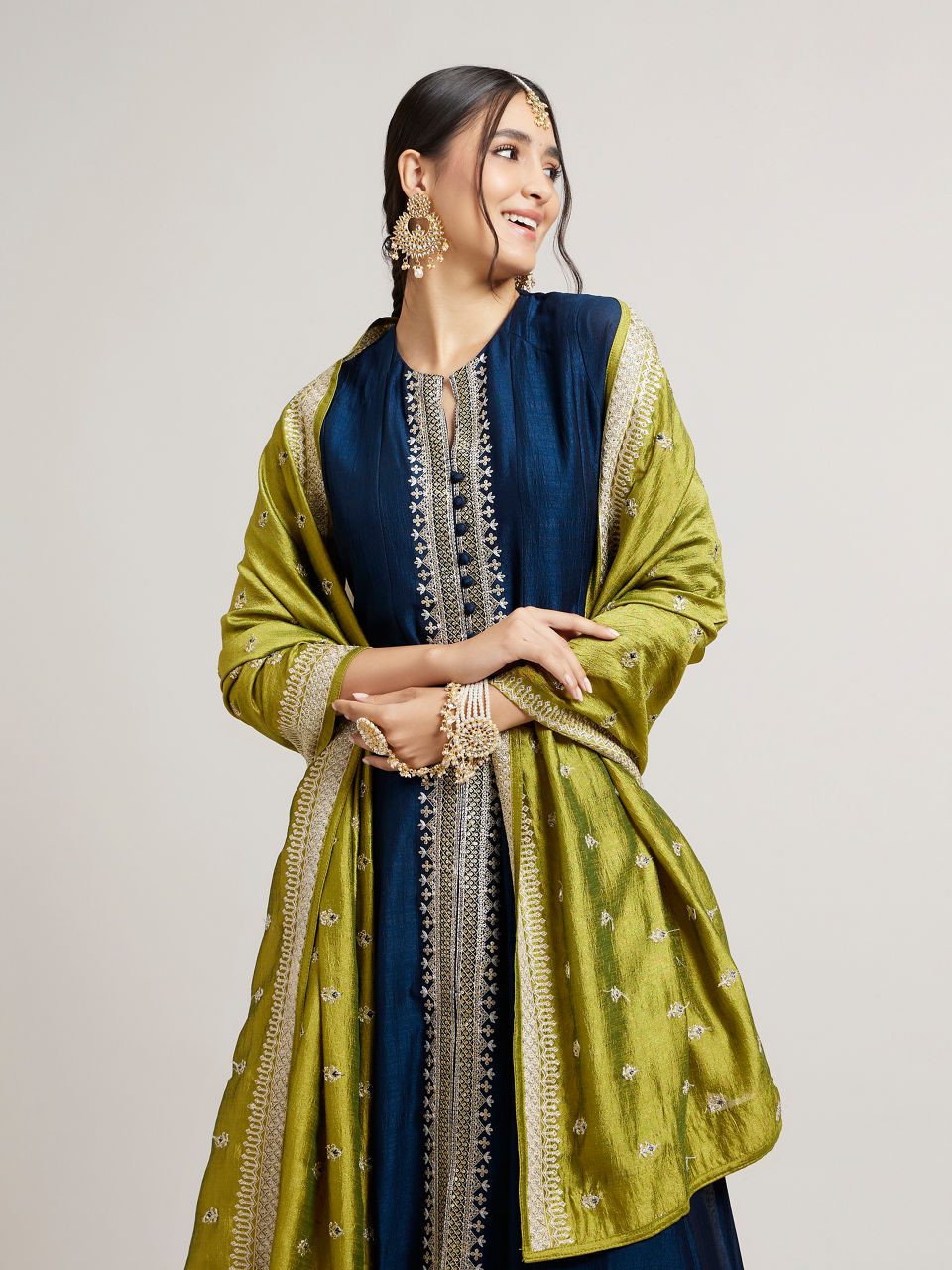 Mohey Women Teal Blue Anarkali Suit Set with Linear Buta Embroidered Kurta & Potli Button Trims