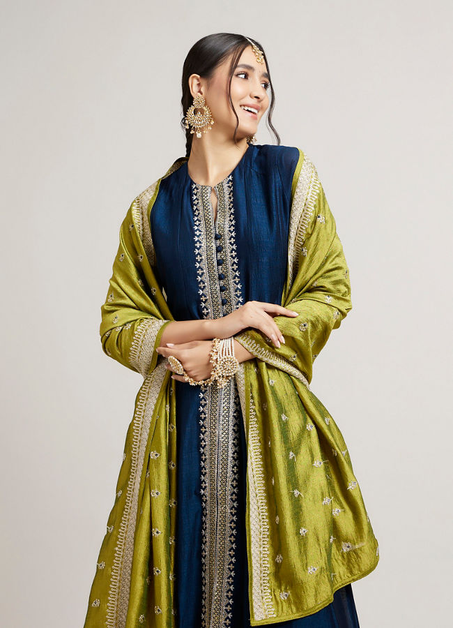 Mohey Women Teal Blue Anarkali Suit Set with Linear Buta Embroidered Kurta & Potli Button Trims