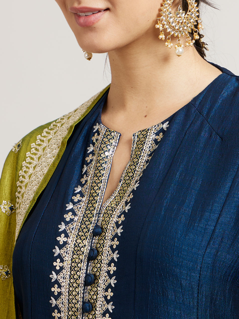 Mohey Women Teal Blue Anarkali Suit Set with Linear Buta Embroidered Kurta & Potli Button Trims