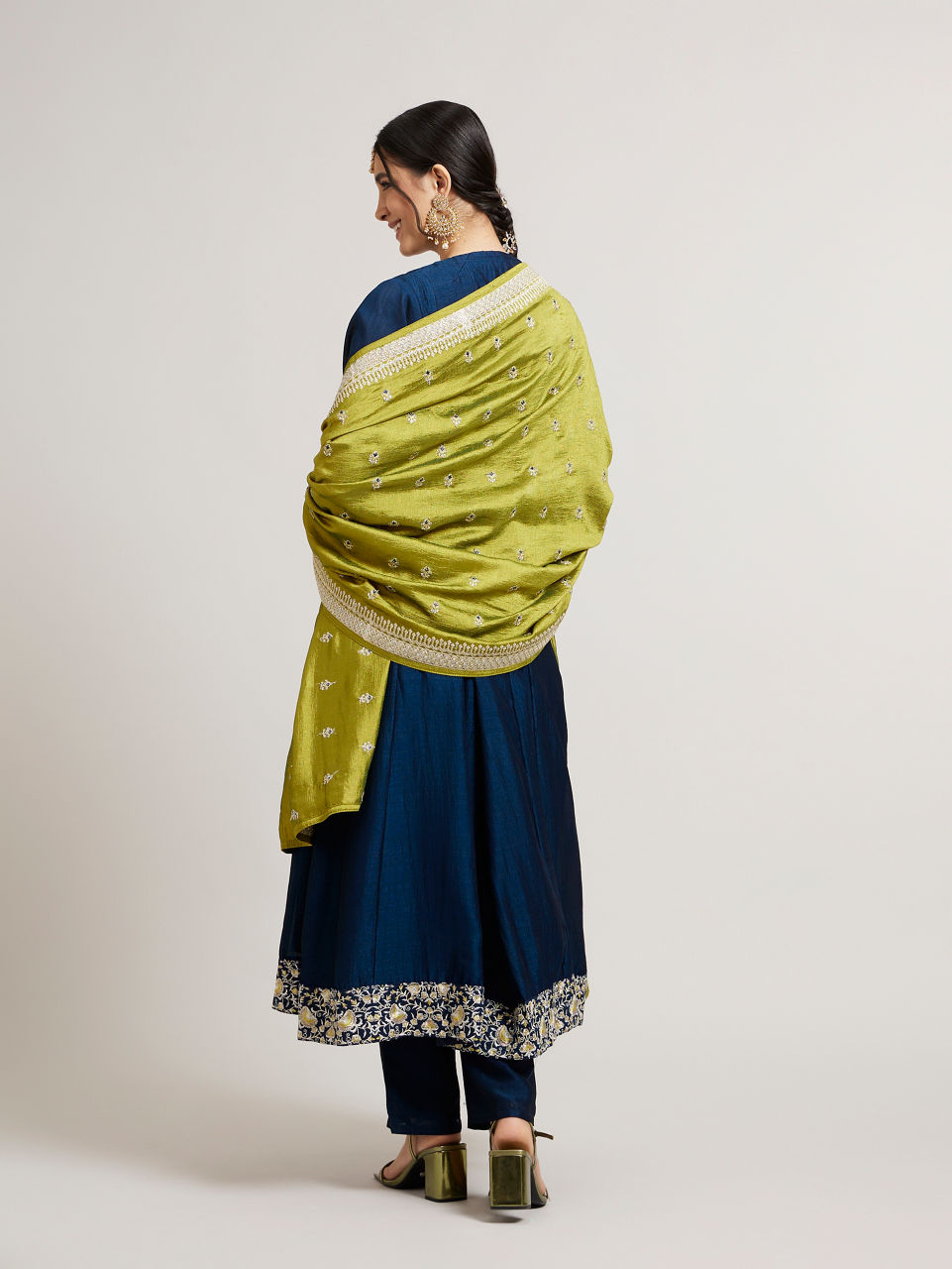 Mohey Women Teal Blue Anarkali Suit Set with Linear Buta Embroidered Kurta & Potli Button Trims