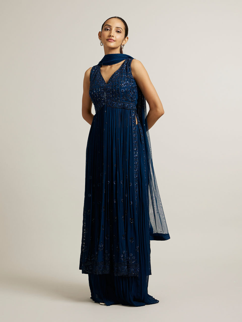 Mohey Women Teal Blue Floral Embroidered Anarkali Suit with Sequin Work