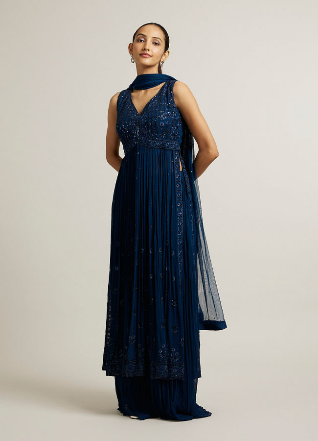 Mohey Women Teal Blue Floral Embroidered Anarkali Suit with Sequin Work