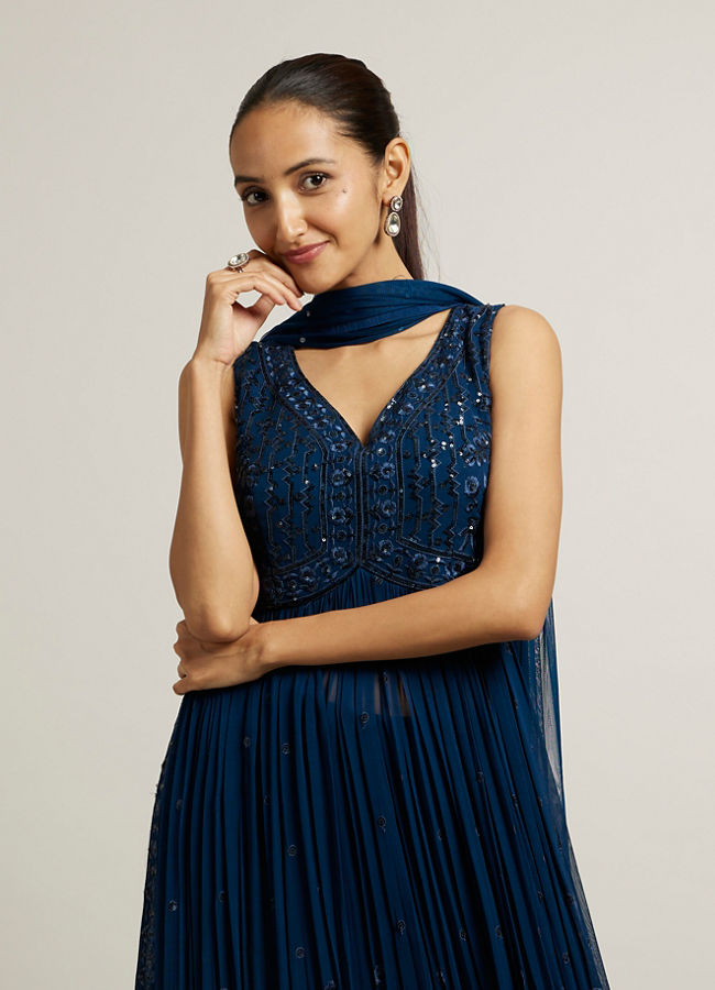 Mohey Women Teal Blue Floral Embroidered Anarkali Suit with Sequin Work