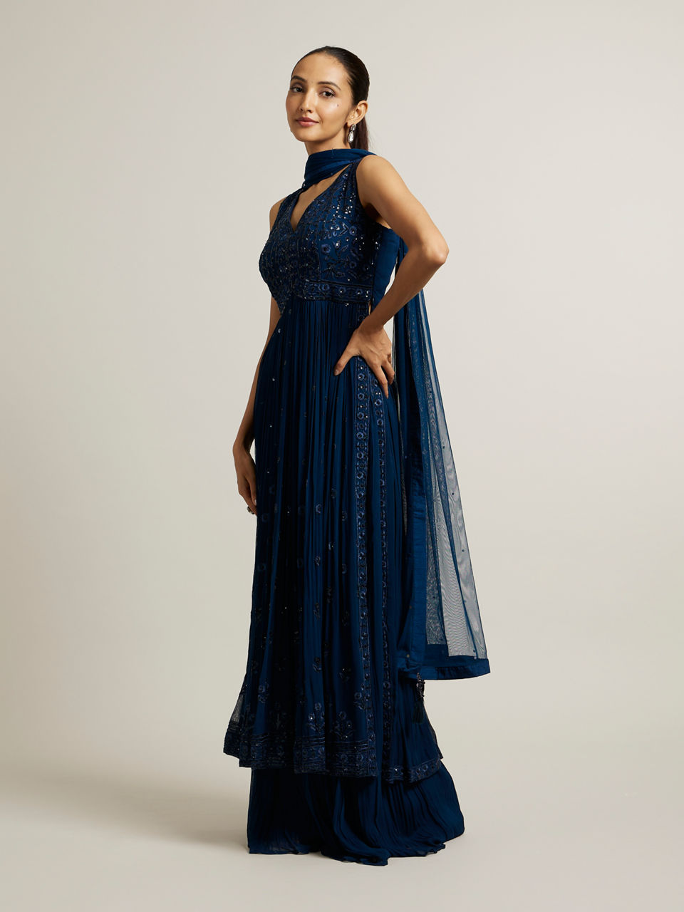 Mohey Women Teal Blue Floral Embroidered Anarkali Suit with Sequin Work