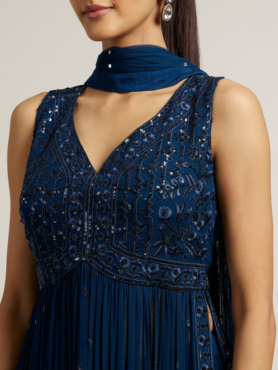 Mohey Women Teal Blue Floral Embroidered Anarkali Suit with Sequin Work