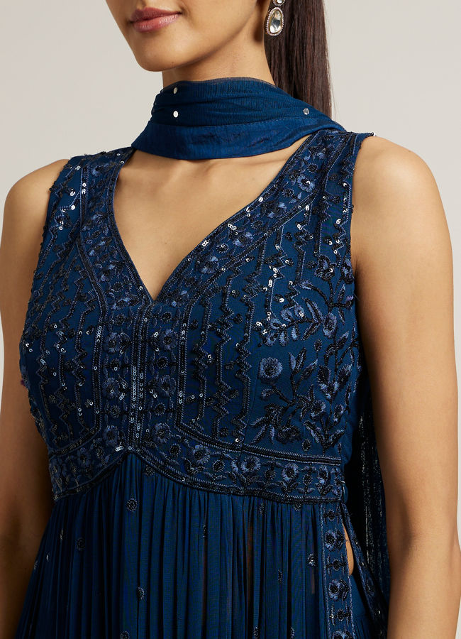Mohey Women Teal Blue Floral Embroidered Anarkali Suit with Sequin Work