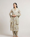 Pastel Grey Floral Printed Stitched Suit Set with Embroidered Neckline