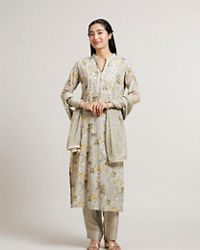 Mohey Women Pastel Grey Floral Printed Stitched Suit Set with Embroidered Neckline