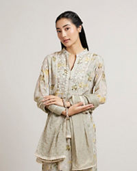 Mohey Women Pastel Grey Floral Printed Stitched Suit Set with Embroidered Neckline