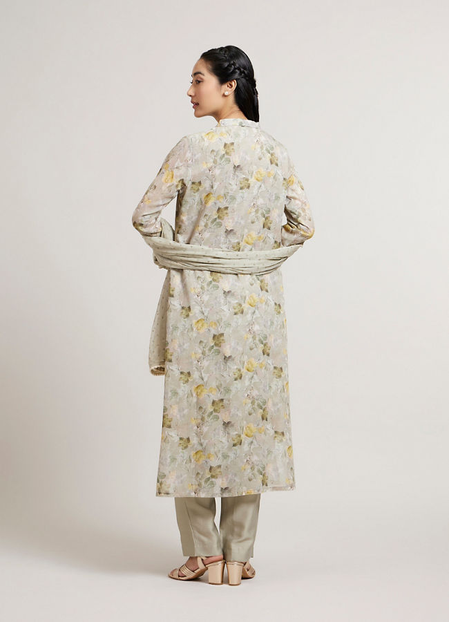 Mohey Women Pastel Grey Floral Printed Stitched Suit Set with Embroidered Neckline