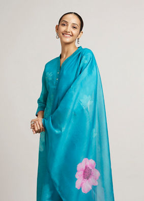Mohey Women Rama Green Floral Printed Straight Suit Set with Stone Work