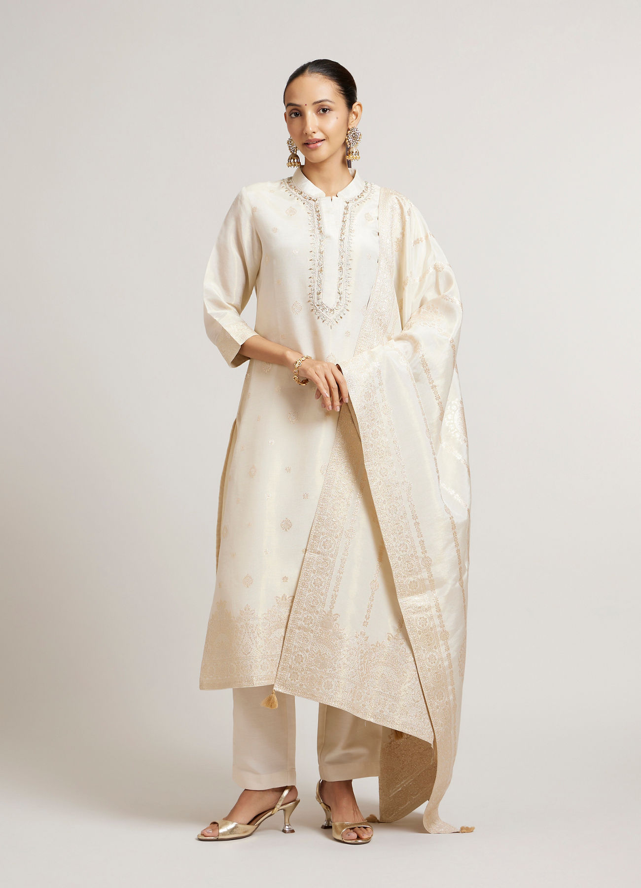 Mohey Women Soft Cream Straight Suit Set with Buta Pattern in Dull Gold Zari Work