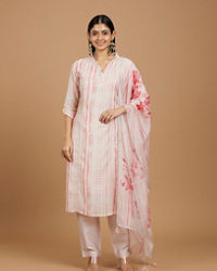 Mohey Women Millennial Pink Linear Straight Suit with Floral Dupattas