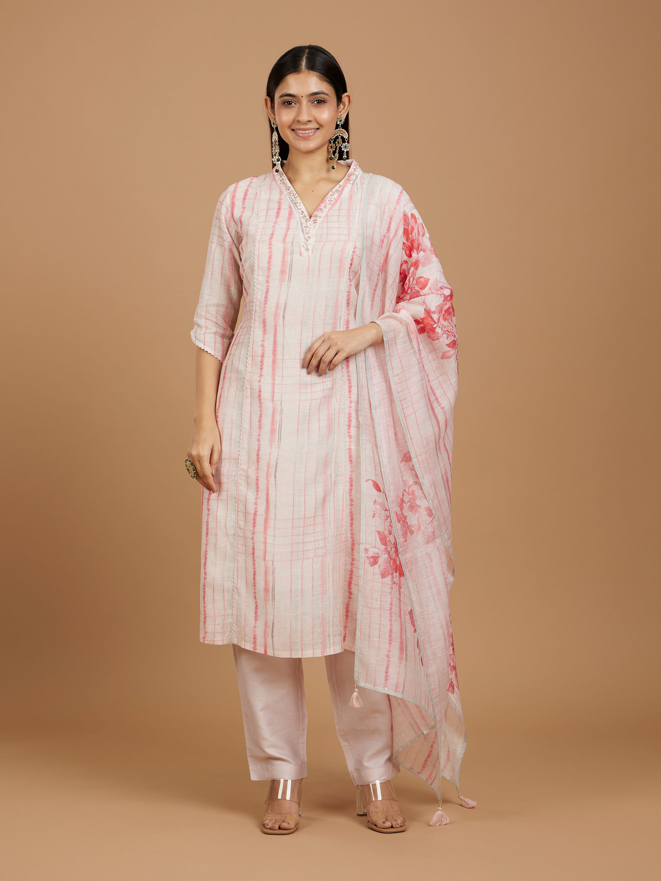 Mohey Women Millennial Pink Linear Straight Suit with Floral Dupattas
