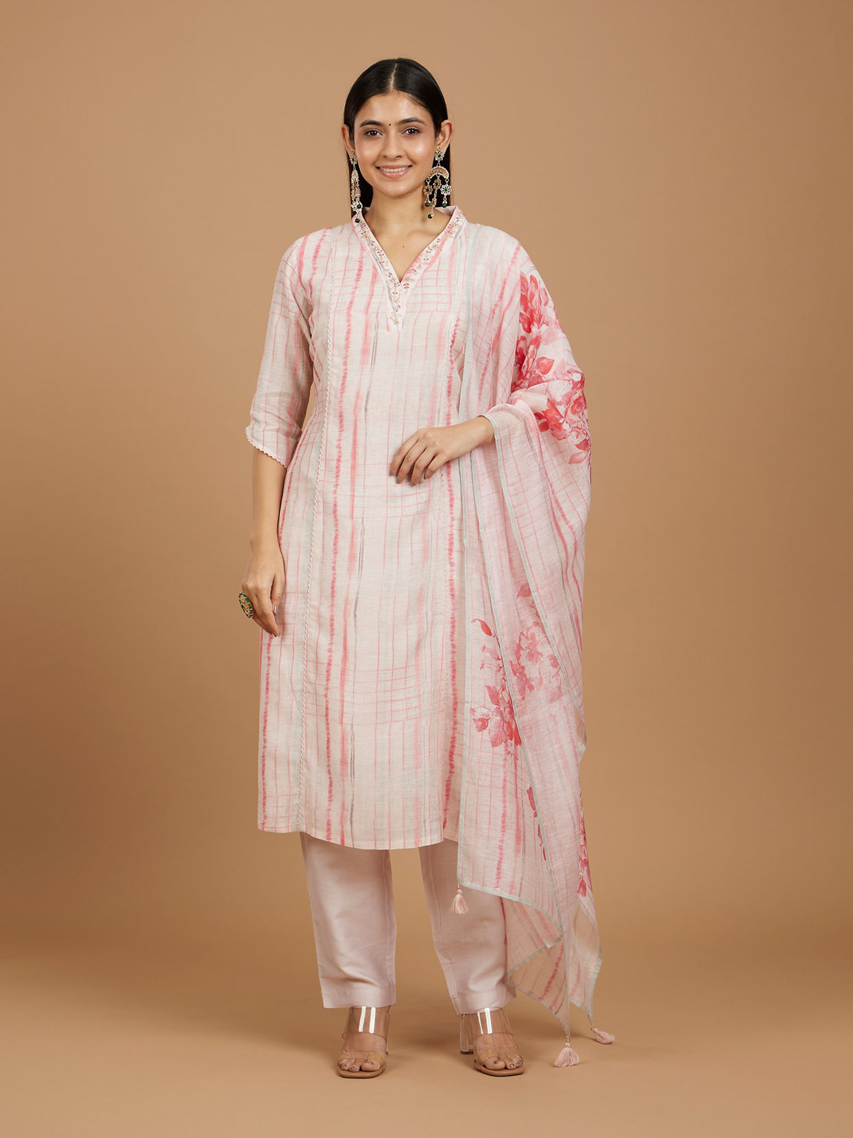 Mohey Women Millennial Pink Linear Straight Suit with Floral Dupattas