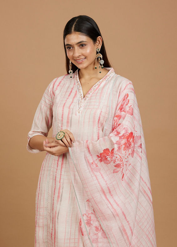 Mohey Women Millennial Pink Linear Straight Suit with Floral Dupattas