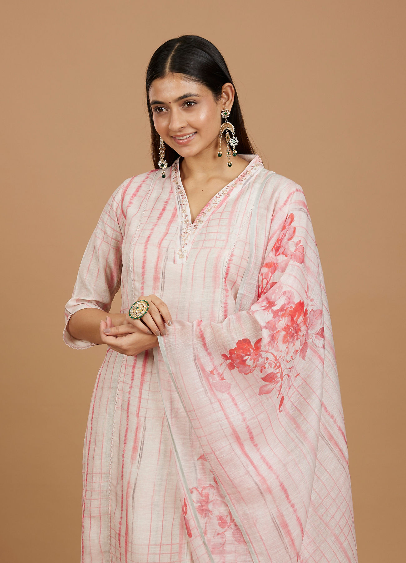 Mohey Women Millennial Pink Linear Straight Suit with Floral Dupattas