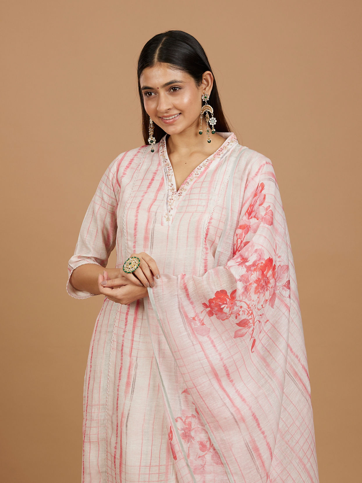 Mohey Women Millennial Pink Linear Straight Suit with Floral Dupattas