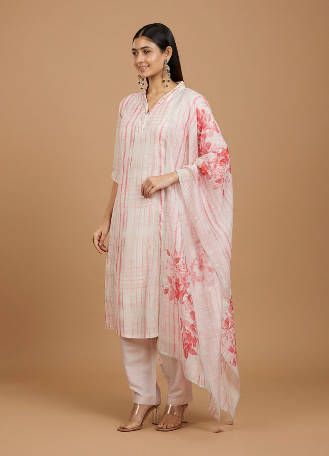 Mohey Women Millennial Pink Linear Straight Suit with Floral Dupattas