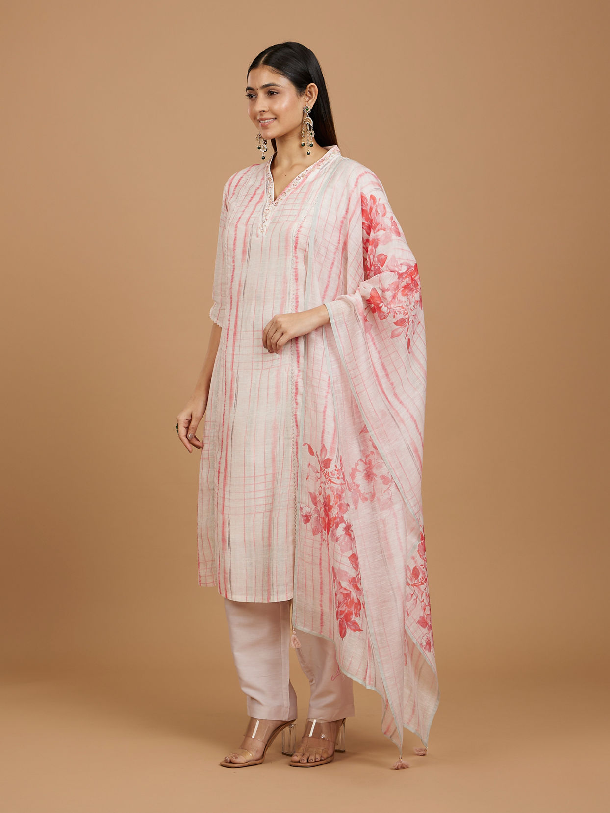 Mohey Women Millennial Pink Linear Straight Suit with Floral Dupattas