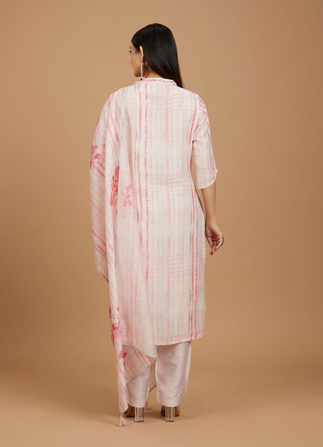 Mohey Women Millennial Pink Linear Straight Suit with Floral Dupattas