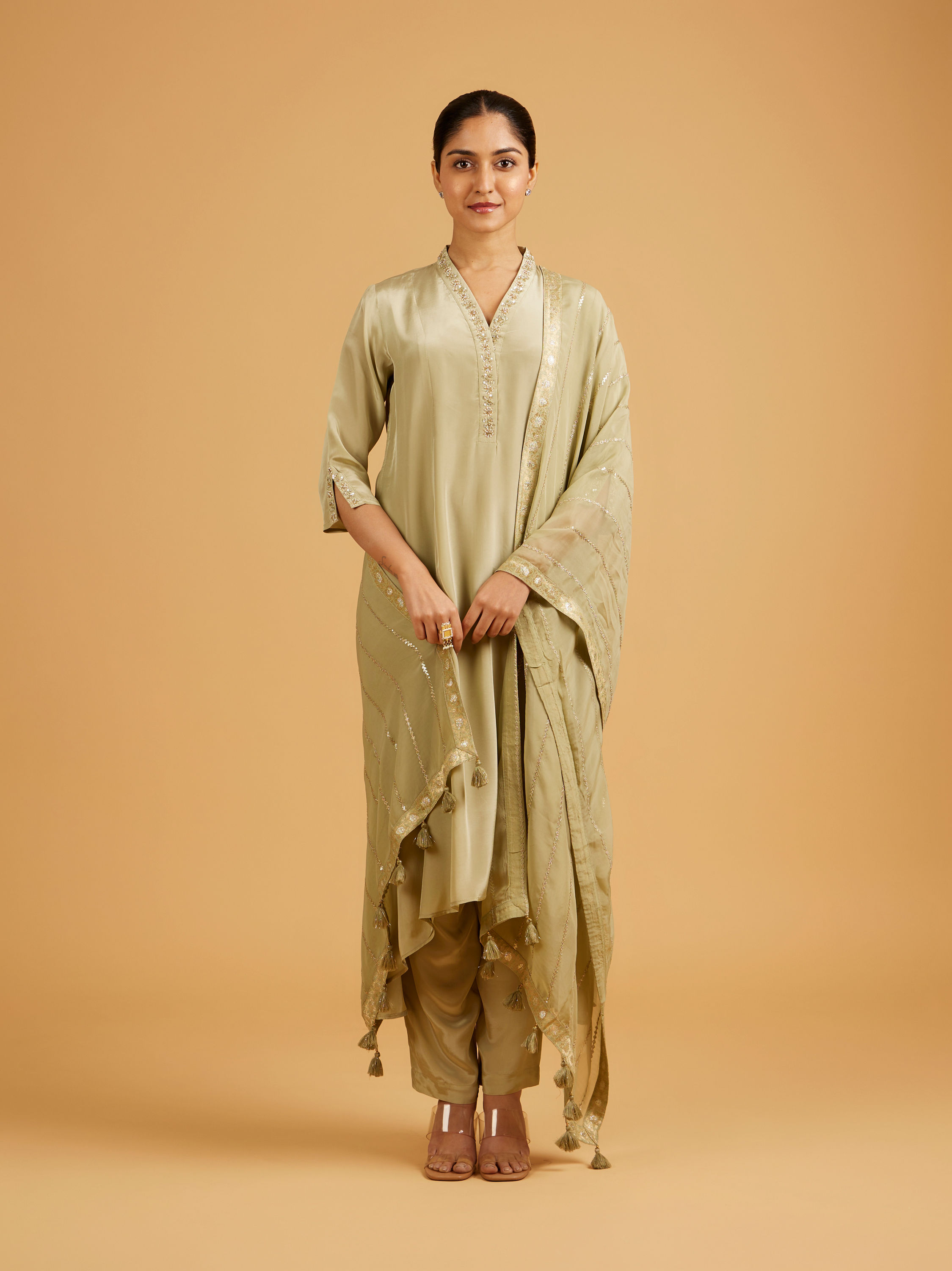 Mohey Women Pista Green Anarkali Suit with Embroidered Neckline And Sequin Work