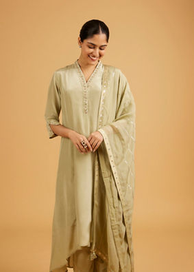 Mohey Women Pista Green Anarkali Suit with Embroidered Neckline And Sequin Work