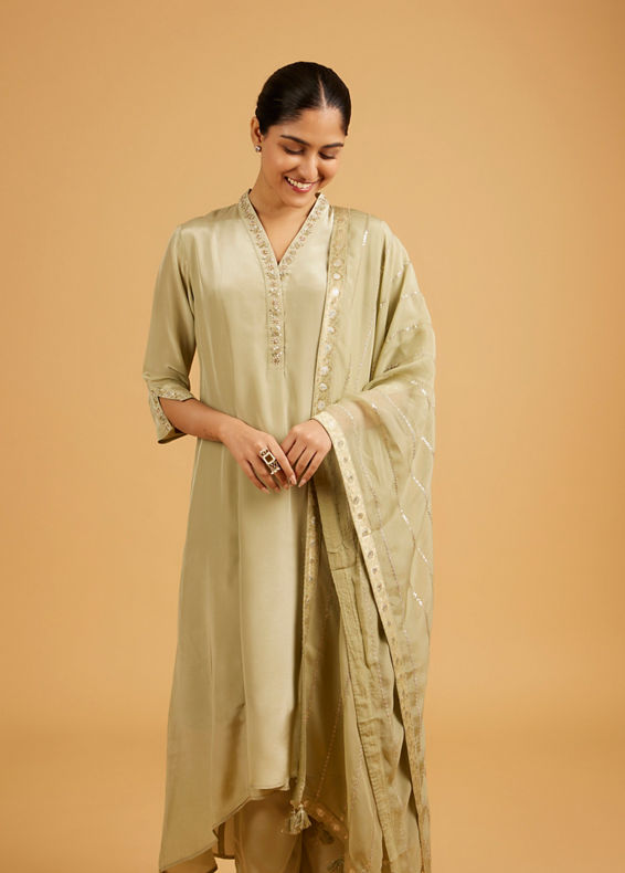 Mohey Women Pista Green Anarkali Suit with Embroidered Neckline And Sequin Work