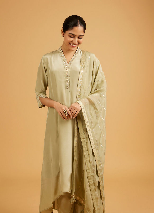 Mohey Women Pista Green Anarkali Suit with Embroidered Neckline And Sequin Work