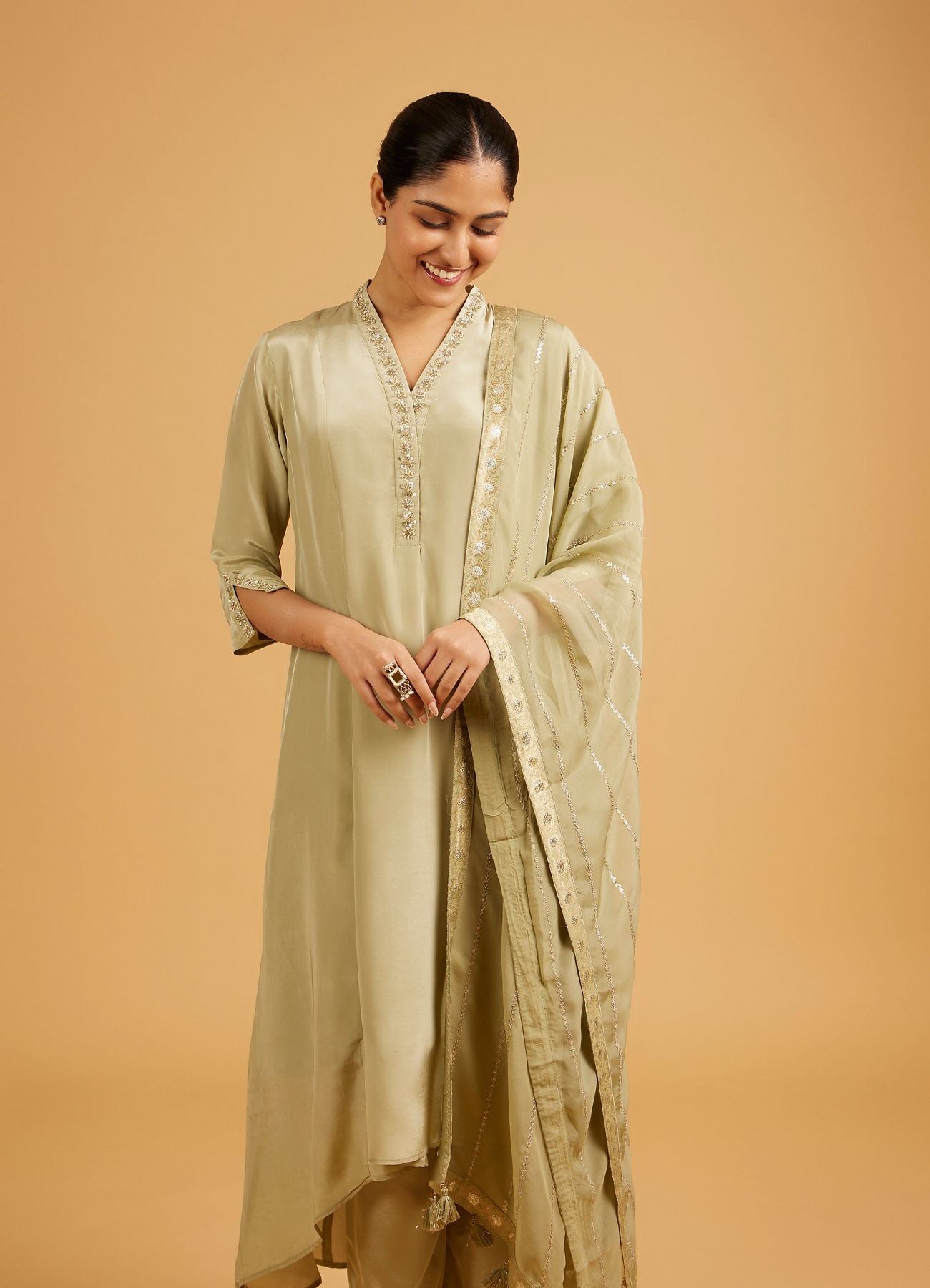 Mohey Women Pista Green Anarkali Suit with Embroidered Neckline And Sequin Work