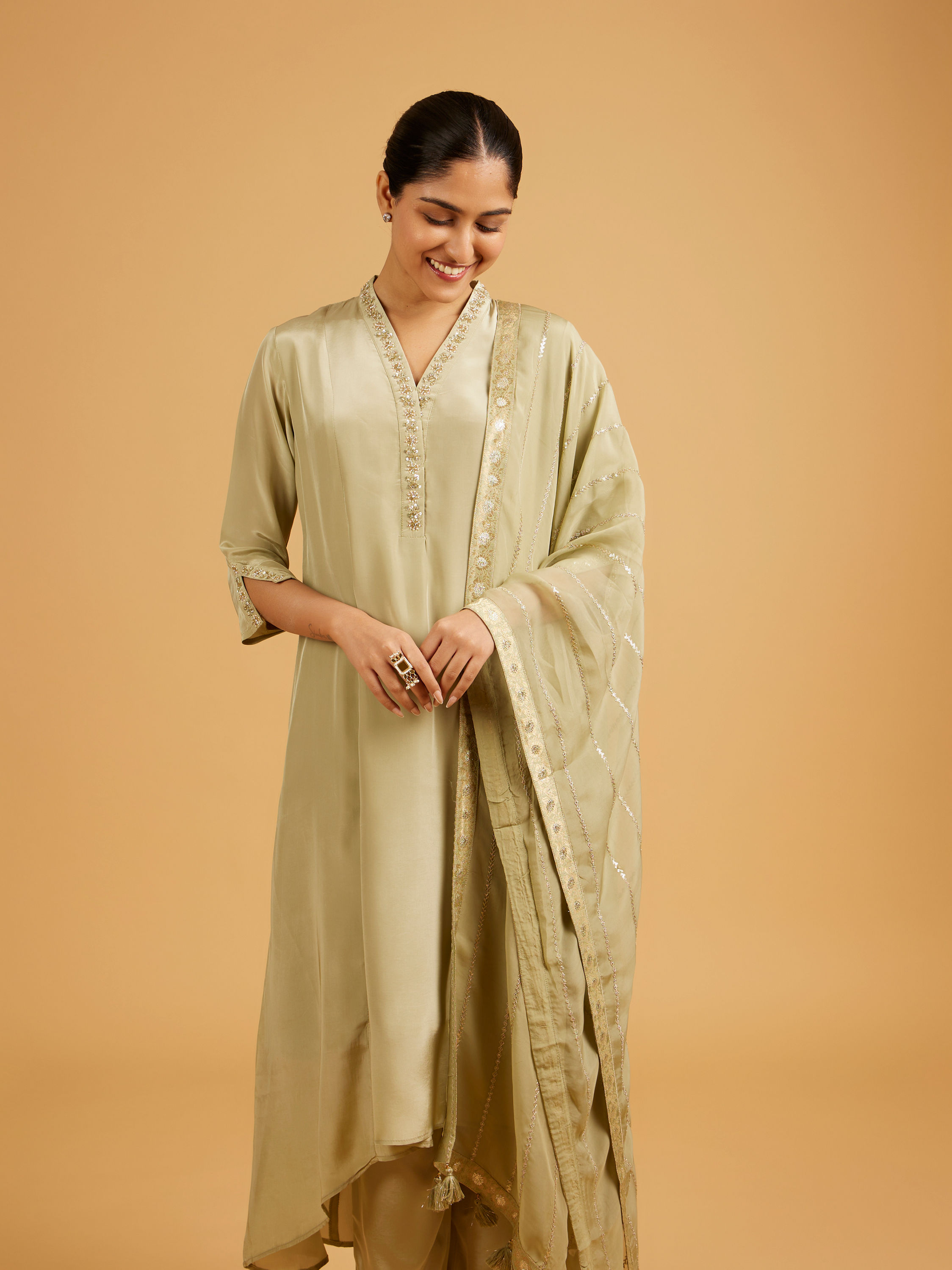 Mohey Women Pista Green Anarkali Suit with Embroidered Neckline And Sequin Work