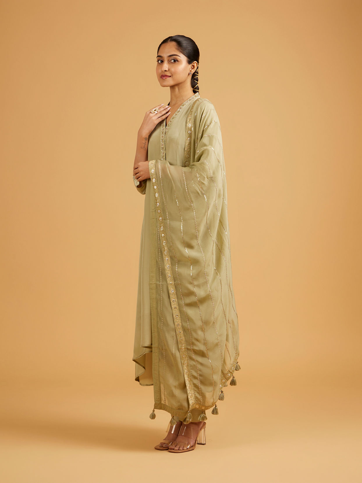 Mohey Women Pista Green Anarkali Suit with Embroidered Neckline And Sequin Work