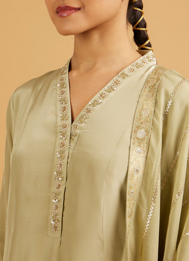 Mohey Women Pista Green Anarkali Suit with Embroidered Neckline And Sequin Work