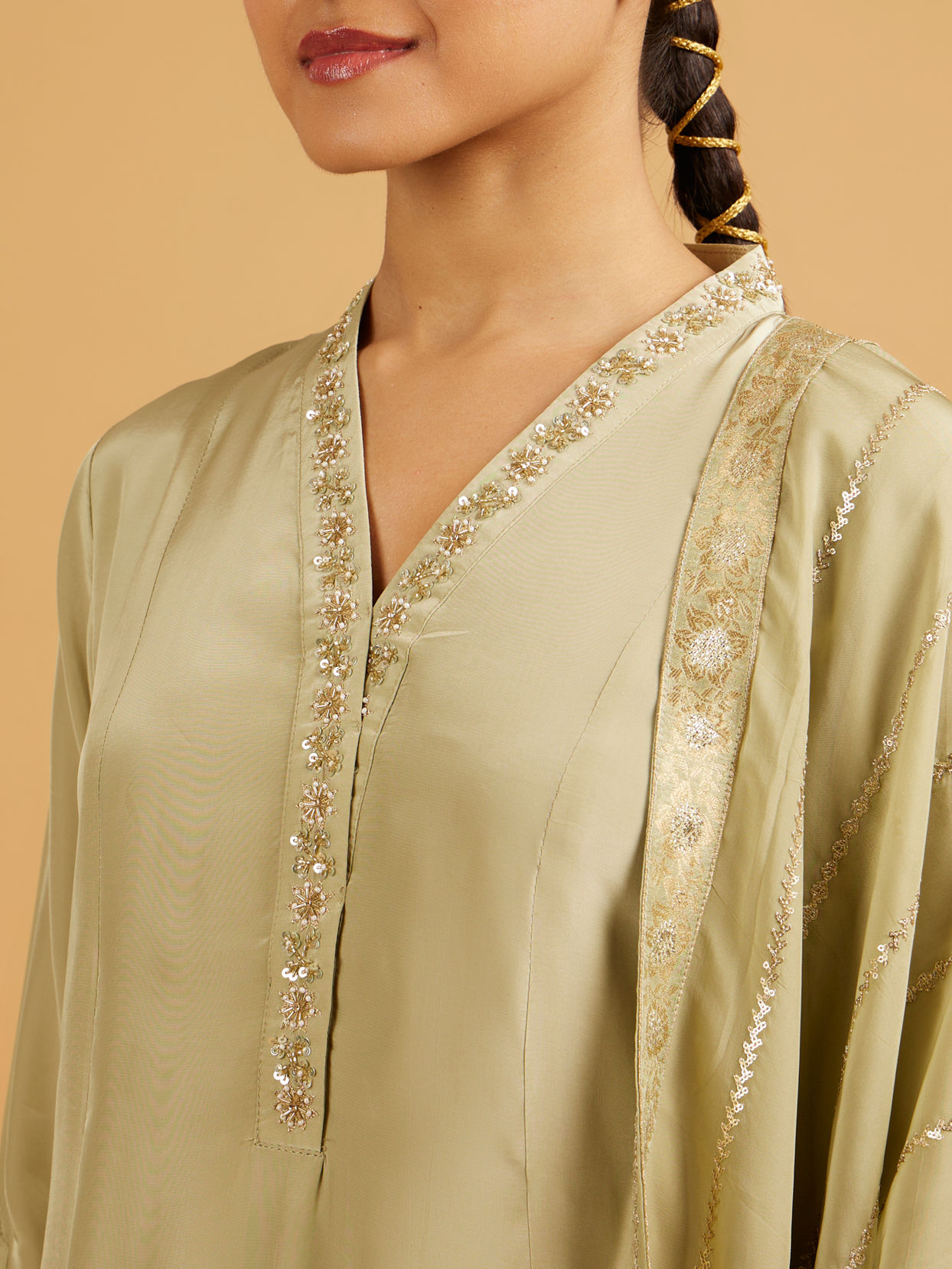Mohey Women Pista Green Anarkali Suit with Embroidered Neckline And Sequin Work