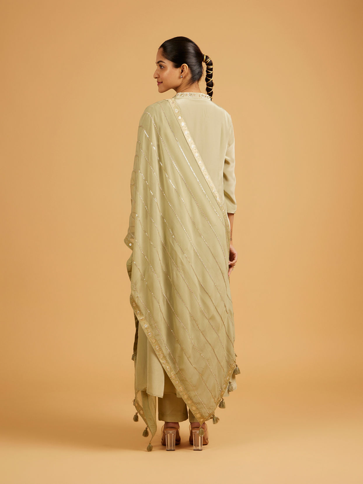Mohey Women Pista Green Anarkali Suit with Embroidered Neckline And Sequin Work