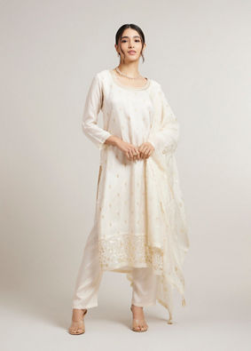 Mohey Women Cream White Buta Jaal Patterned Stitched Suit Set with Bel Buti Sequinned Embroidered Border image number 0