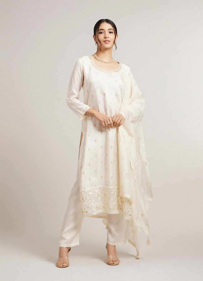 Mohey Women Cream White Buta Jaal Patterned Stitched Suit Set with Bel Buti Sequinned Embroidered Border image number 0