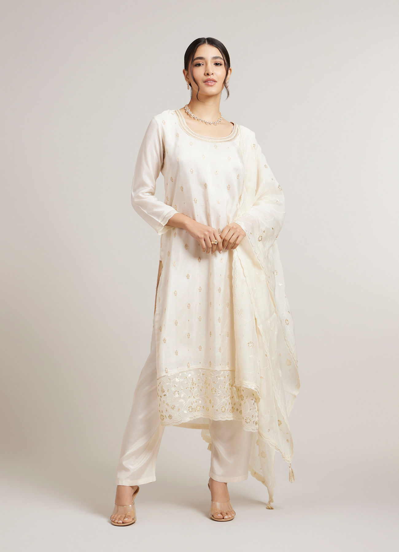 Mohey Women Cream White Buta Jaal Patterned Straight Suit Set