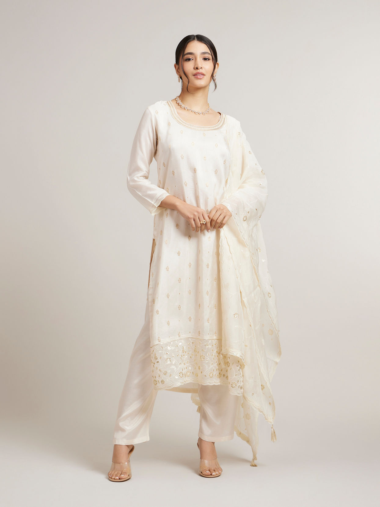 Mohey Women Cream White Buta Jaal Patterned Stitched Suit Set with Bel Buti Sequinned Embroidered Border image number 0