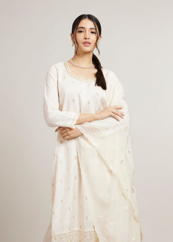 Mohey Women Cream White Buta Jaal Patterned Straight Suit Set