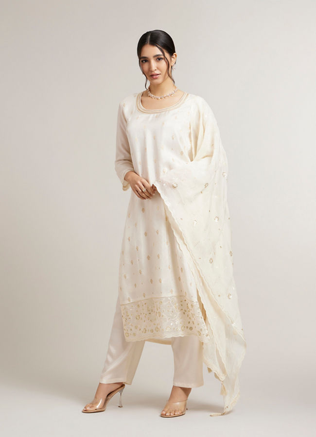 Mohey Women Cream White Buta Jaal Patterned Stitched Suit Set with Bel Buti Sequinned Embroidered Border image number 2