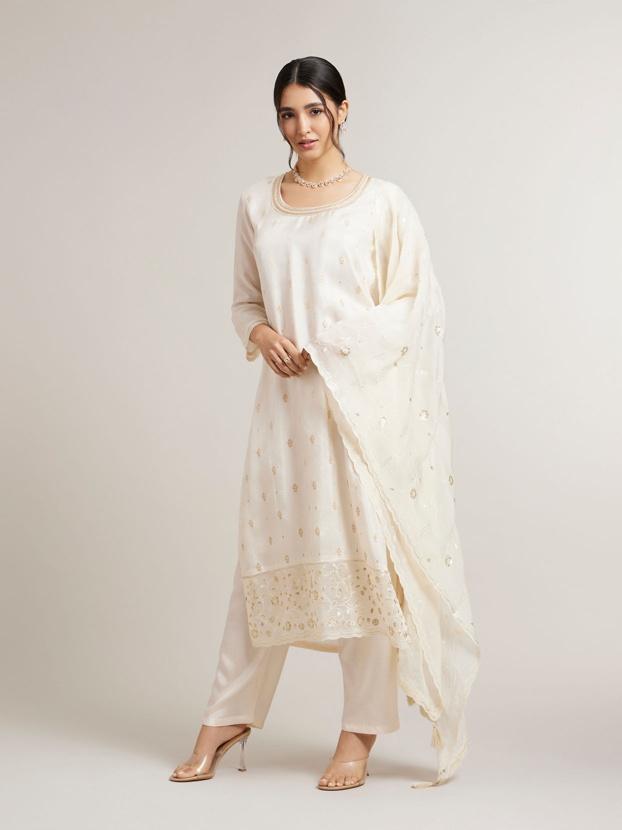 Mohey Women Cream White Buta Jaal Patterned Stitched Suit Set with Bel Buti Sequinned Embroidered Border image number 2