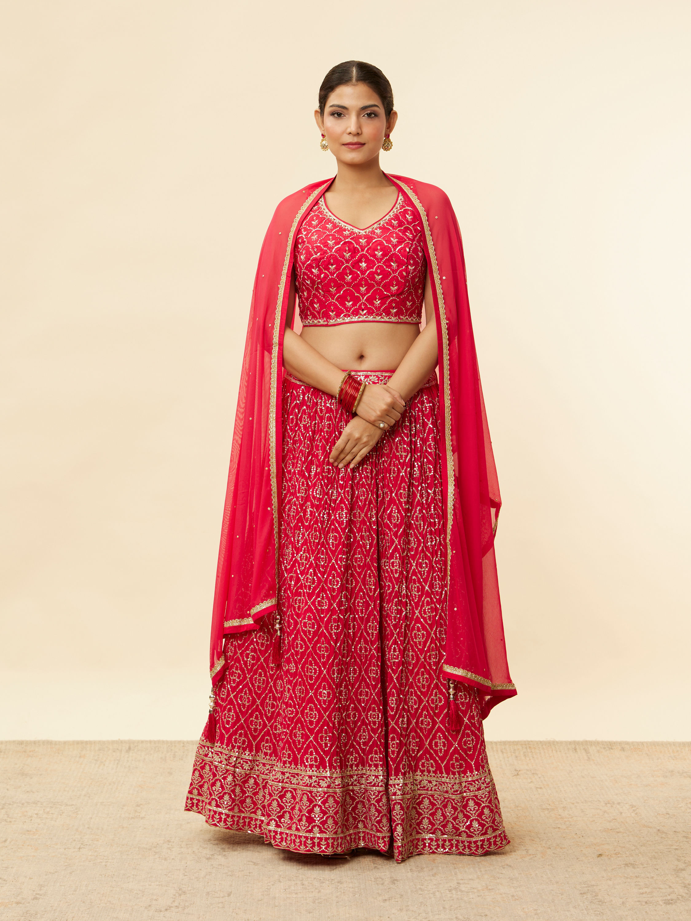 Mohey Women Rani Pink Sequined Floral Jaal Patterned Lehenga