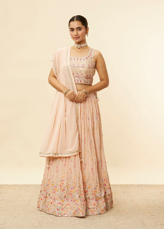 Mohey Women Champagne Peach Floral Sequined Lehenga