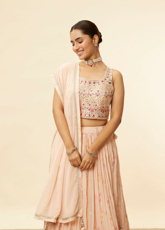 Mohey Women Champagne Peach Floral Sequined Lehenga